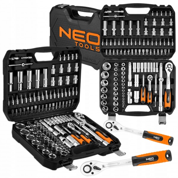 NEO ZESTAW KLUCZY NASADOWYCH 110 ELEMENTÓW 1/2" 1/4" TORX BITY SATYNA WAL.
