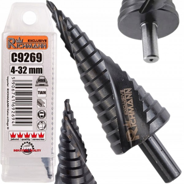 WIERTŁO STOPNIOWE SPIRALNE DO METALU 4-32 mm STAL SZYBKOTNĄCA HSS C9269 WIERTŁO STOPNIOWE SPIRALNE DO METALU 4-32 mm STAL SZYBKOTNĄCA HSS C9269