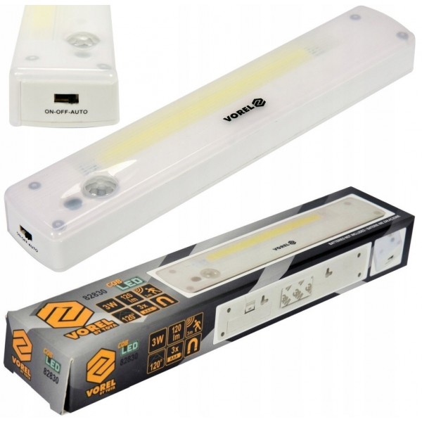 VOREL LAMPKA NOCNA COB LED 120LM CZUJNIK RUCHU I ZMIERZCHU 3AAA BIAŁA 82830 VOREL LAMPKA NOCNA COB LED 120LM CZUJNIK RUCHU I ZMIERZCHU 3AAA BIAŁA 82830