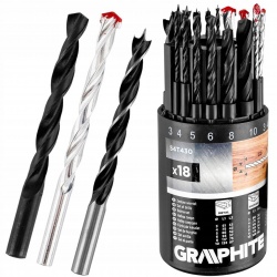 GRAPHITE ZESTAW 18el WIERTEŁ DO METALU DREWNA CEGŁY: 3, 4, 5, 6, 8, 10 MM
