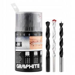GRAPHITE ZESTAW 18el WIERTEŁ DO METALU DREWNA CEGŁY: 3, 4, 5, 6, 8, 10 MM