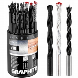 GRAPHITE ZESTAW 18el WIERTEŁ DO METALU DREWNA CEGŁY: 3, 4, 5, 6, 8, 10 MM