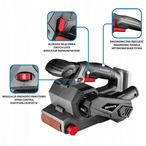 GRAPHITE SZLIFIERKA TAŚMOWA AKU ENERGY+ 18V + 2AH