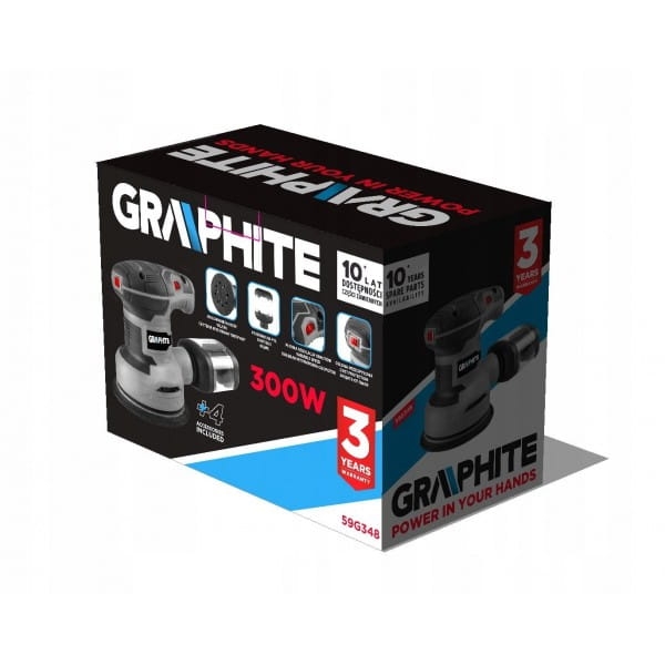 GRAPHITE ZESTAW SZLIFIERKA MIMOŚRODOWA 3XPAPIER 300W STOPA 125 MM 59G348