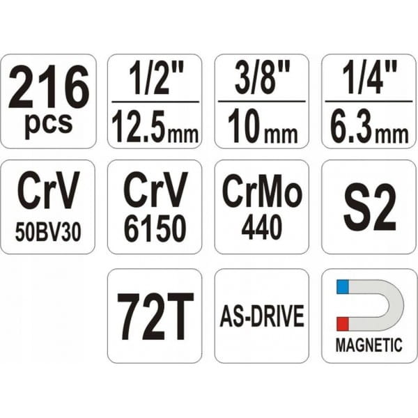 YATO KOMPLET KLUCZY ZESTAW NARZĘDZIOWY XXL 216 ELEMENTÓW KLUCZE YT-38841
