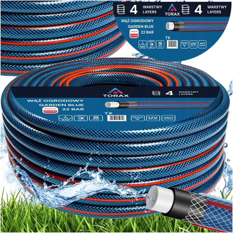 WĄŻ OGRODOWY 4-WARSTWOWY 22 BAR 1/2" 30M WZMOCNIONY DO WODY PRODUKT POLSKI