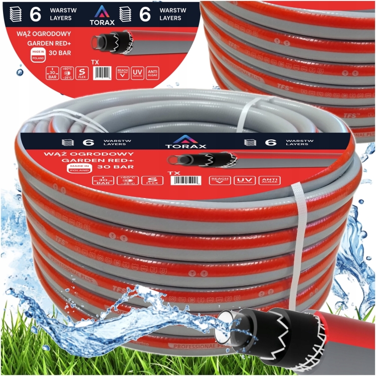 WĄŻ OGRODOWY 6-WARSTWOWY DO POMPY 30BAR 1'' 1CAL 30M GARDEN RED+ POLSKI