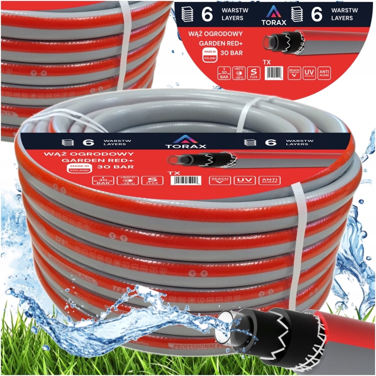 WĄŻ OGRODOWY 6-WARSTWOWY DO POMPY 30BAR 1'' 1CAL 20M GARDEN RED+ POLSKI