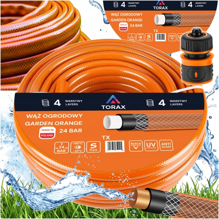 WĄŻ OGRODOWY 4-W 24 BAR 1/2'' 50m WZMOCNIONY DO WODY POLSKI ZŁĄCZKA +NEO