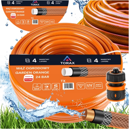 WĄŻ OGRODOWY 4-W 24 BAR 1/2'' 30m WZMOCNIONY DO WODY POLSKI ZŁĄCZKA +NEO