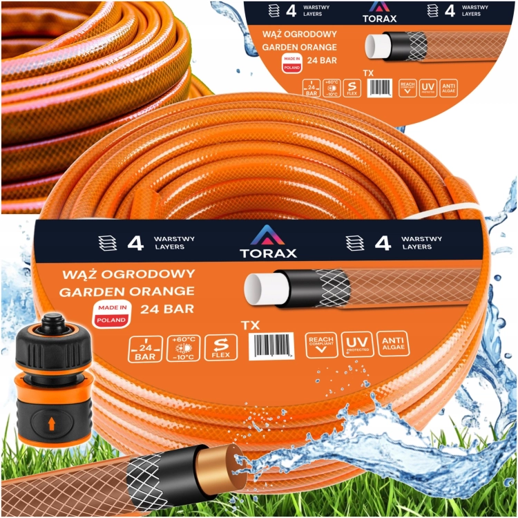 WĄŻ OGRODOWY 4-W 24 BAR 1/2'' 30m WZMOCNIONY DO WODY POLSKI ZŁĄCZKA +NEO