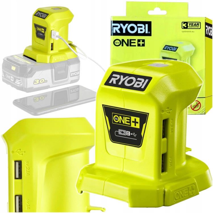 RYOBI BEZPRZEWODOWY ADAPTER USB typ A 2,1 A + 1,0 A 18V ONE+ R18USB-0