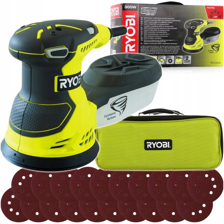 RYOBI SZLIFIERKA MIMOŚRODOWA OSCYLACYJNA ROS300A 300W 125MM TORBA 20XPAPIER