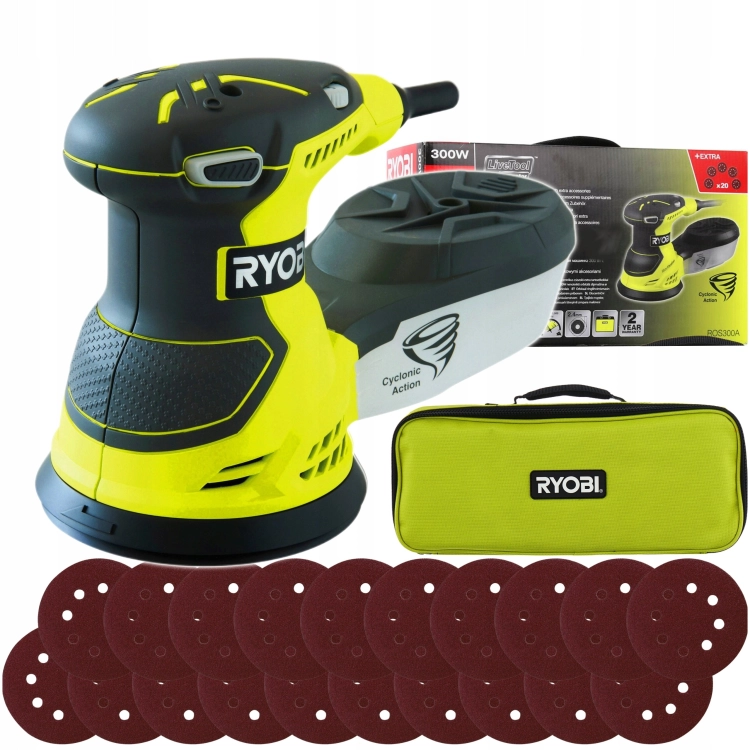 RYOBI SZLIFIERKA MIMOŚRODOWA OSCYLACYJNA ROS300A 300W 125MM TORBA 20XPAPIER