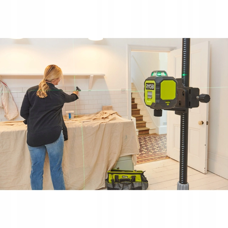 RYOBI POZIOMICA LASEROWA ZIELONY LASER 2D 360° PODPORA RAMIĘ TELESKOP 3,2m