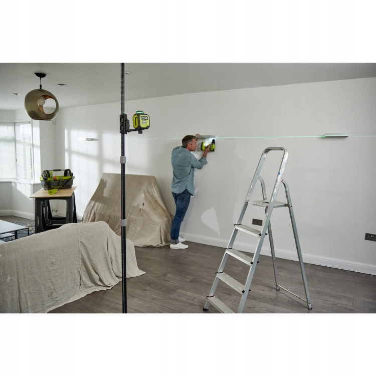 RYOBI POZIOMICA LASEROWA ZIELONY LASER 2D 360° PODPORA RAMIĘ TELESKOP 3,2m
