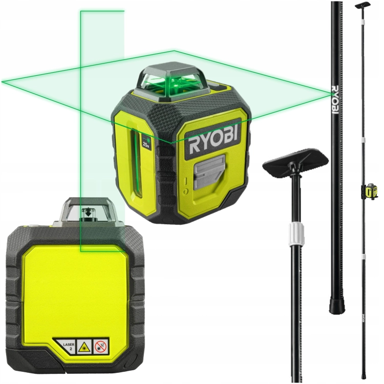 RYOBI POZIOMICA LASEROWA ZIELONY LASER 2D 360° PODPORA RAMIĘ TELESKOP 3,2m
