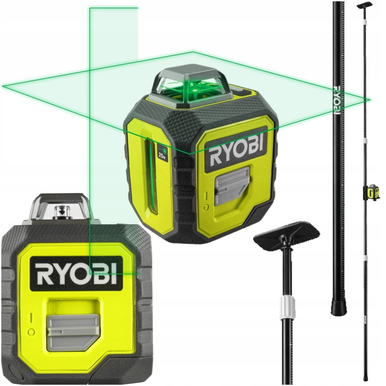 RYOBI POZIOMICA LASEROWA ZIELONY LASER 2D 360° PODPORA RAMIĘ TELESKOP 3,2m