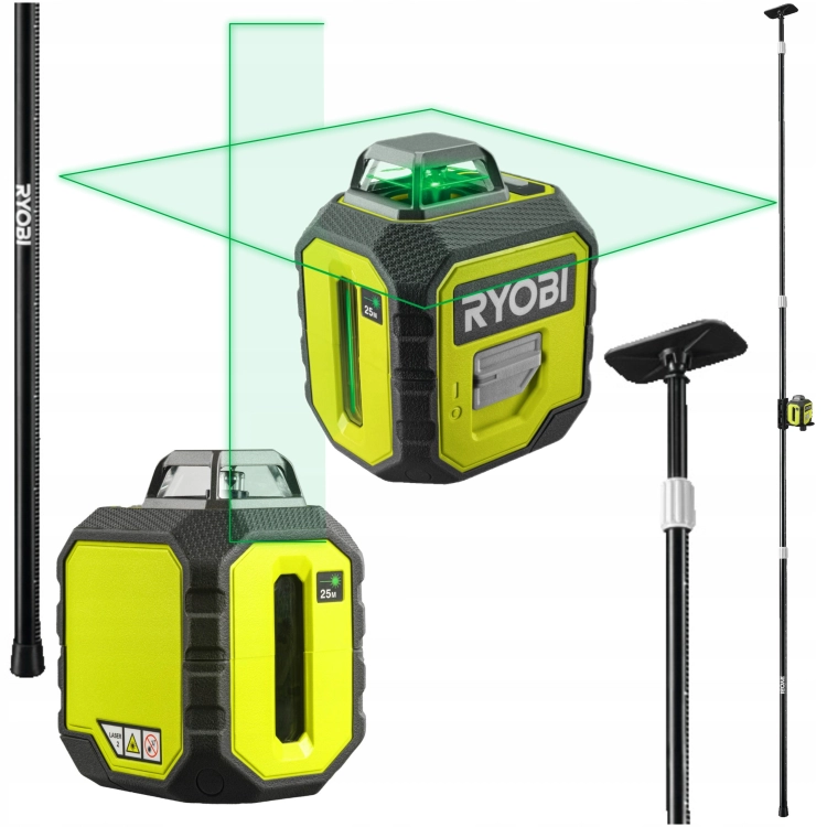 RYOBI POZIOMICA LASEROWA ZIELONY LASER 2D 360° PODPORA RAMIĘ TELESKOP 3,2m