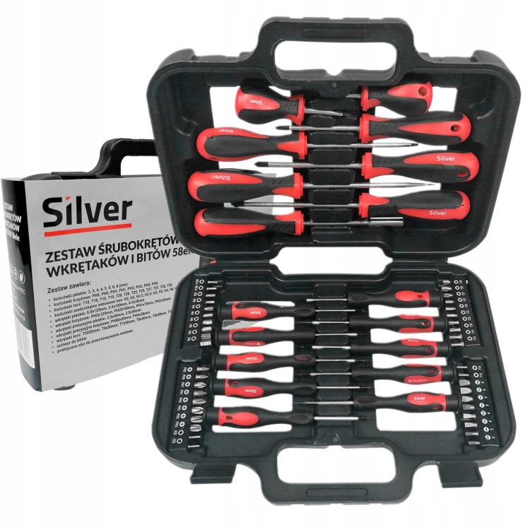 SILVER ZESTAW ŚRUBOKRĘTÓW WKRĘTAKÓW BITY 58EL MAGNETYCZNE WALIZKA S10868