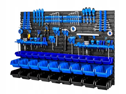 ŚCIANKA NARZĘDZIOWA 1152X780MM 4 PANELE 74 ELEMENTY KUWETY UCHWYTY HACZYKI
