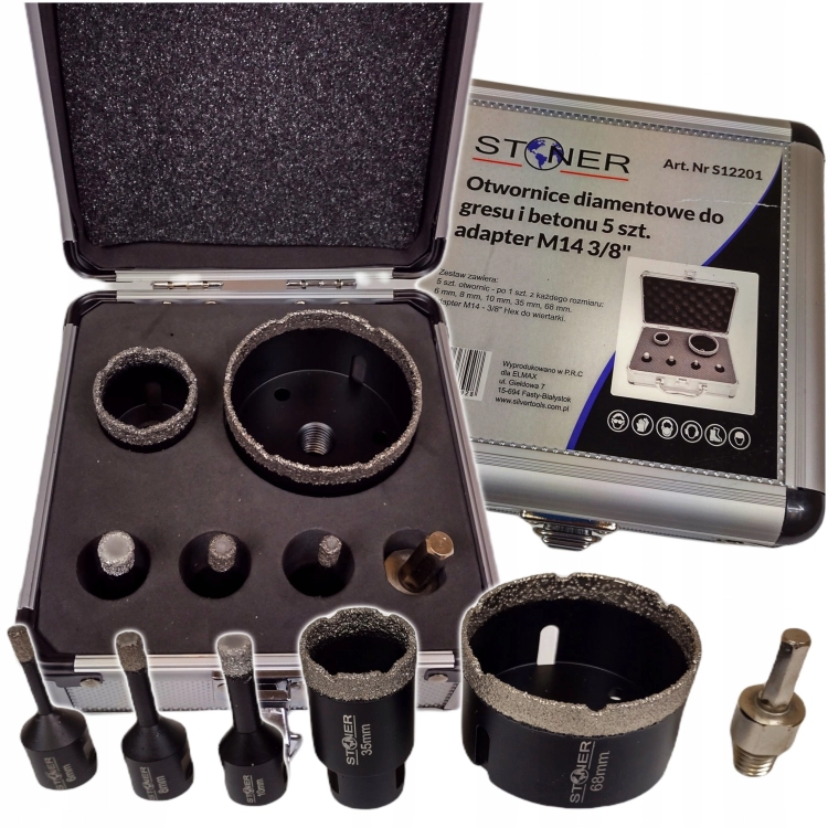 OTWORNICE DIAMENTOWE DO GRESU I BETONU 5SZT. + ADAPTER M14 3/8” WALIZKA
