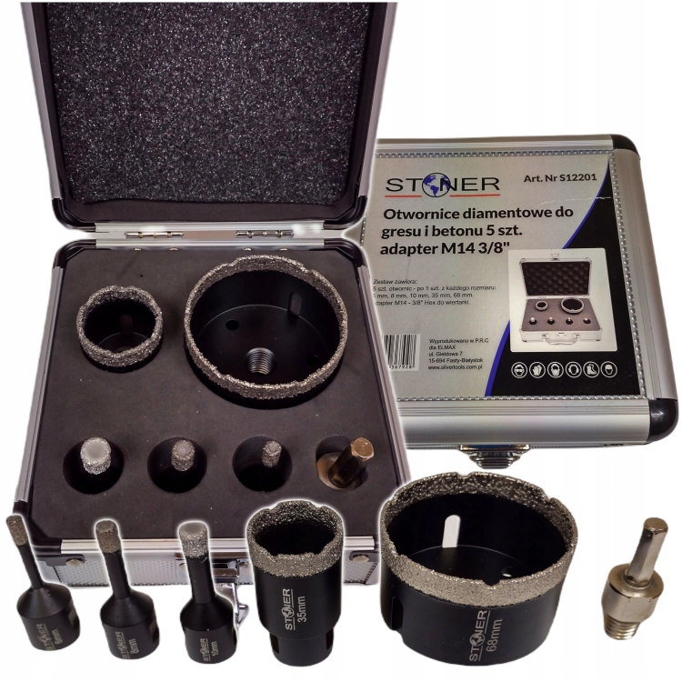 OTWORNICE DIAMENTOWE DO GRESU I BETONU 5SZT. + ADAPTER M14 3/8” WALIZKA