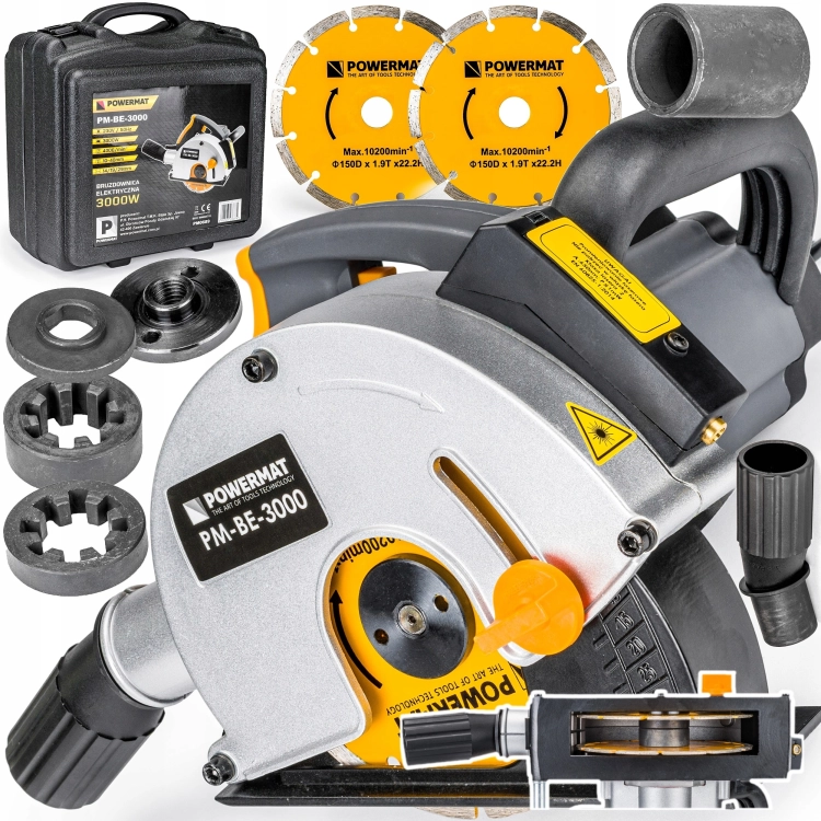 BRUZDOWNICA ELEKTRYCZNA DO BETONU 3000W Z REGULACJĄ 150mm + LASER 2X TARCZA