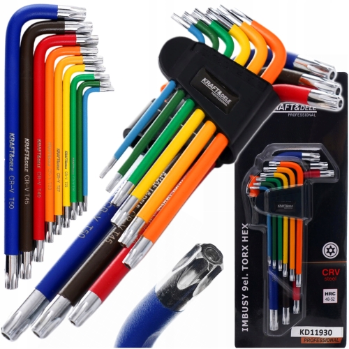 ZESTAW KOLOROWYCH IMBUSÓW KLUCZE IMBUSOWE 80-175MM Z KULKĄ TORX 9EL. DŁUGIE
