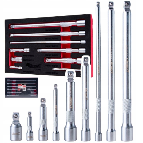 KOMPLET PRZEDŁUŻEK UCHYLNYCH 1/2'' 1/3'' 3/8'' STAL CRV PRZEDŁUŻKA 9 EL. WKŁAD