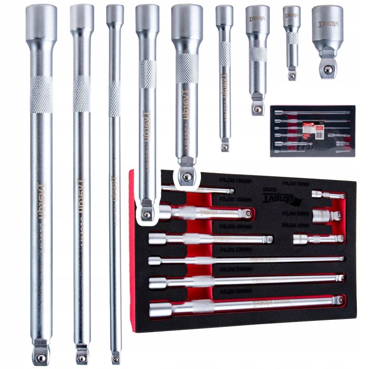KOMPLET PRZEDŁUŻEK UCHYLNYCH 1/2'' 1/3'' 3/8'' STAL CRV PRZEDŁUŻKA 9 EL. WKŁAD