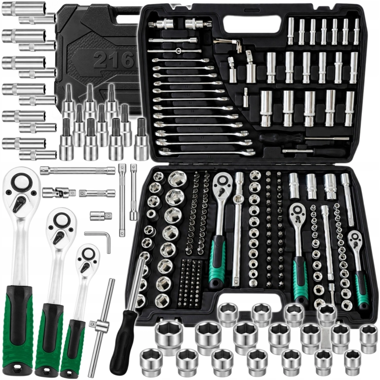 ZESTAW KLUCZY NASADOWYCH 216 ELEMENTÓW GRZECHOTKI 1/2''3/8''1/4'' CrV WALIZKA