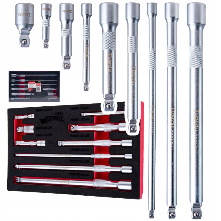 KOMPLET PRZEDŁUŻEK UCHYLNYCH 1/2'' 1/3'' 3/8'' STAL CRV PRZEDŁUŻKA 9 EL. WKŁAD