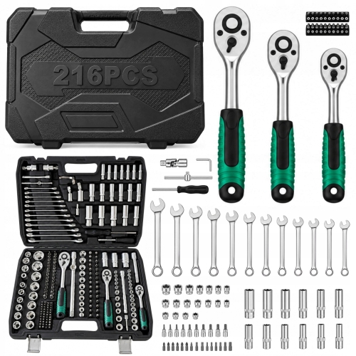 ZESTAW KLUCZY NASADOWYCH 216 ELEMENTÓW GRZECHOTKI 1/2''3/8''1/4'' CrV WALIZKA