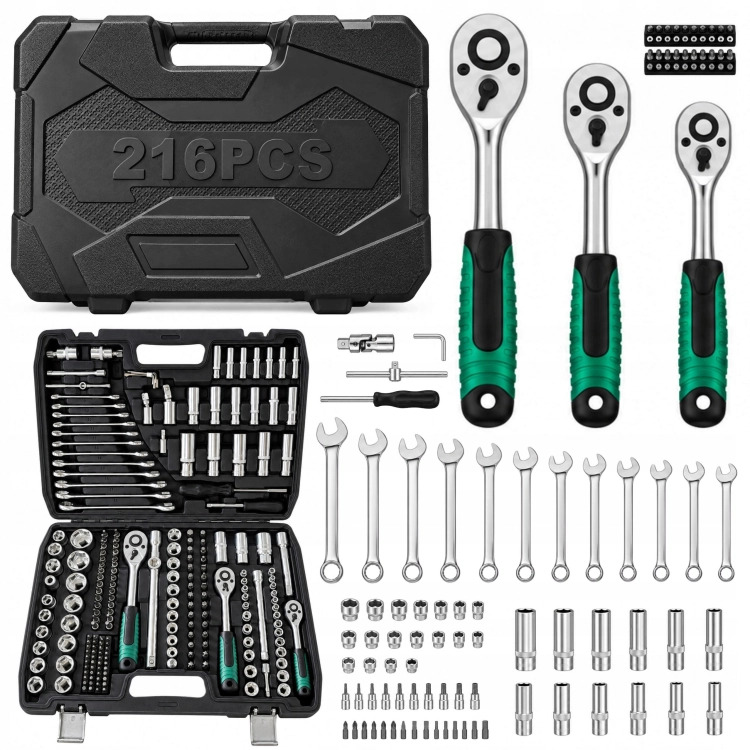 ZESTAW KLUCZY NASADOWYCH 216 ELEMENTÓW GRZECHOTKI 1/2''3/8''1/4'' CrV WALIZKA