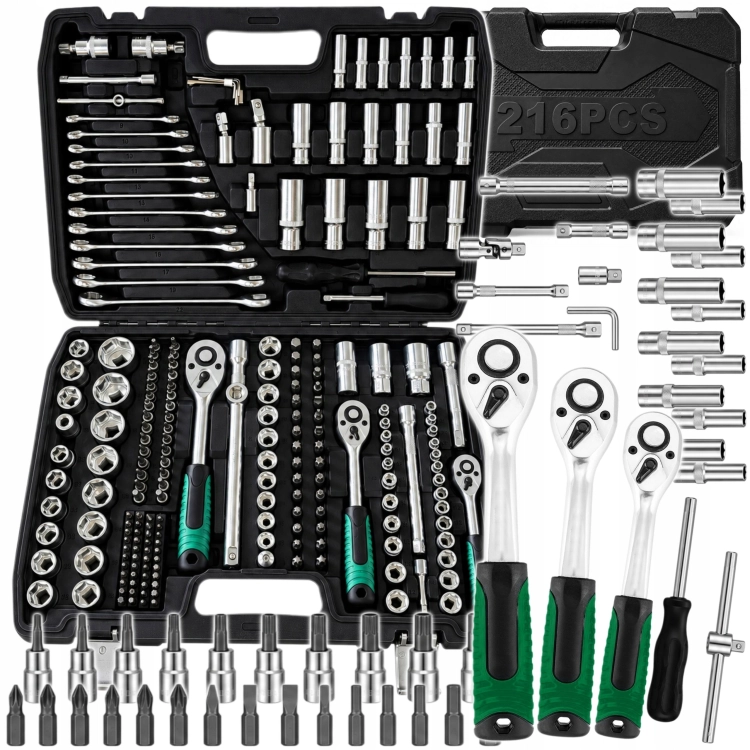 ZESTAW KLUCZY NASADOWYCH 216 ELEMENTÓW GRZECHOTKI 1/2''3/8''1/4'' CrV WALIZKA