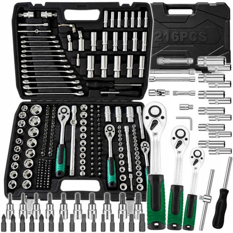 ZESTAW KLUCZY NASADOWYCH 216 ELEMENTÓW GRZECHOTKI 1/2''3/8''1/4'' CrV WALIZKA
