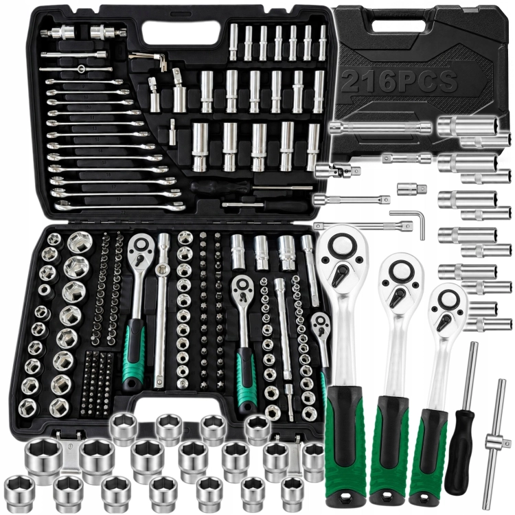 ZESTAW KLUCZY NASADOWYCH 216 ELEMENTÓW GRZECHOTKI 1/2''3/8''1/4'' CrV WALIZKA