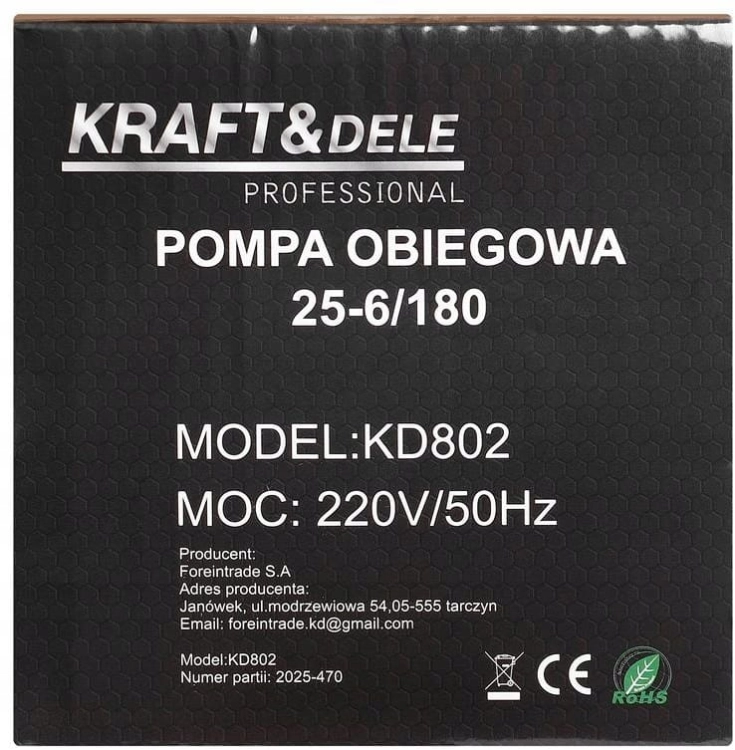 KRAFTDELE POMPA OBIEGOWA 25-6/180 DO 6M 58LMIN 230V ZŁĄCZKI USZCZELKI KD802