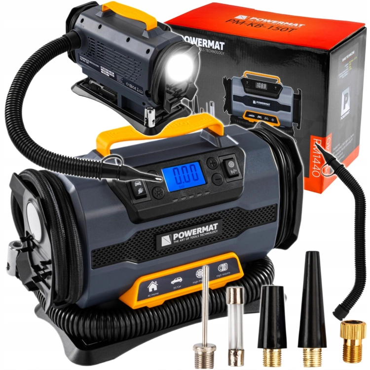 KOMPRESOR SAMOCHODOWY 1200W 12V 230V 10BAR LCD LATARKA + NASADKI PM-KB-150T