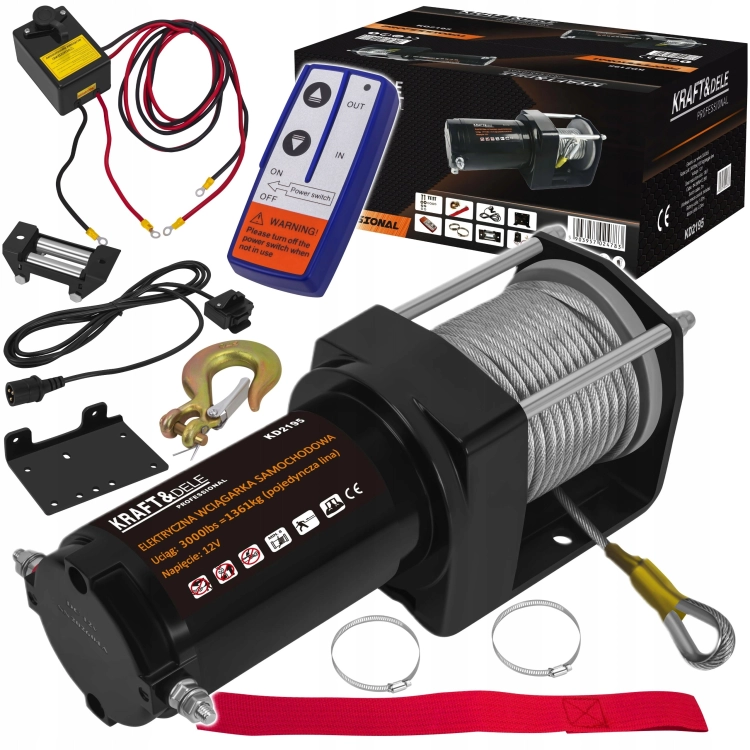 ELEKTRYCZNA WCIĄGARKA WYCIĄGARKA SAMOCHODOWA 1500W 1361KG 12V HAK LINA STAL