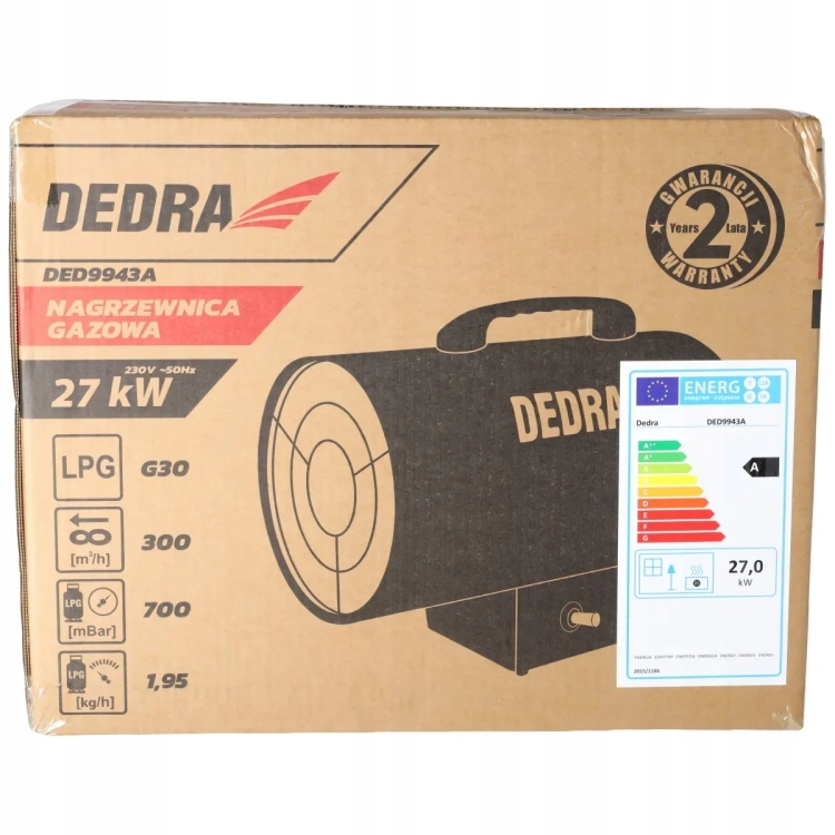 Nagrzewnica gazowa 27 kW na butlę DEDRA reduktor + wąż + termostat duża moc