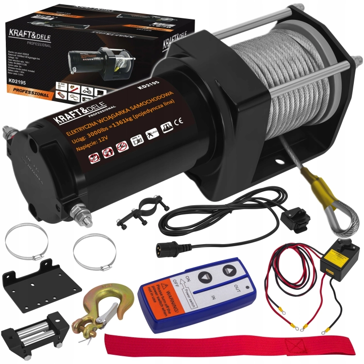 ELEKTRYCZNA WCIĄGARKA WYCIĄGARKA SAMOCHODOWA 1500W 1361KG 12V HAK LINA STAL
