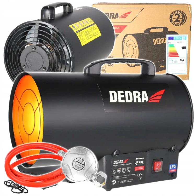 Nagrzewnica gazowa 27 kW na butlę DEDRA reduktor + wąż + termostat duża moc