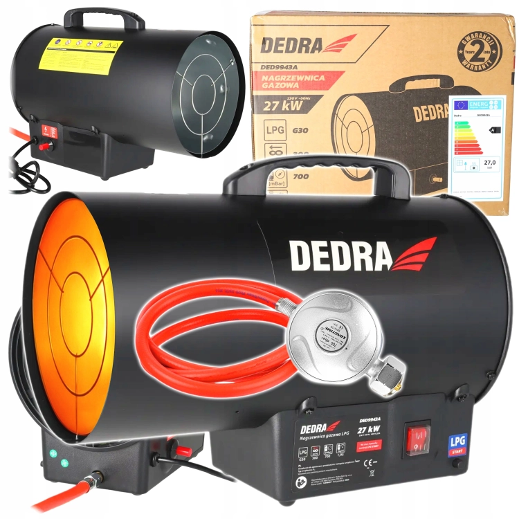 Nagrzewnica gazowa 27 kW na butlę DEDRA reduktor + wąż + termostat duża moc