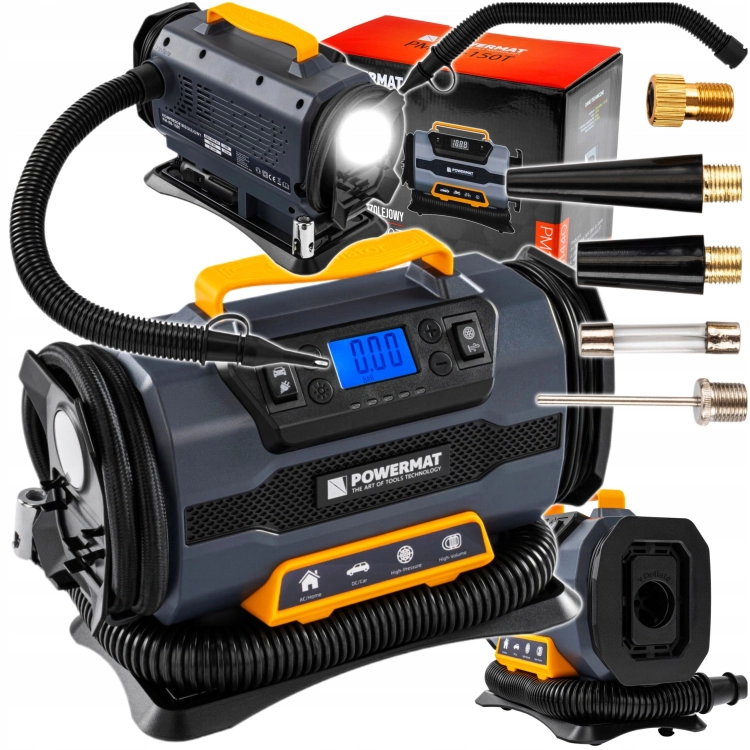 KOMPRESOR SAMOCHODOWY 1200W 12V 230V 10BAR LCD LATARKA + NASADKI PM-KB-150T