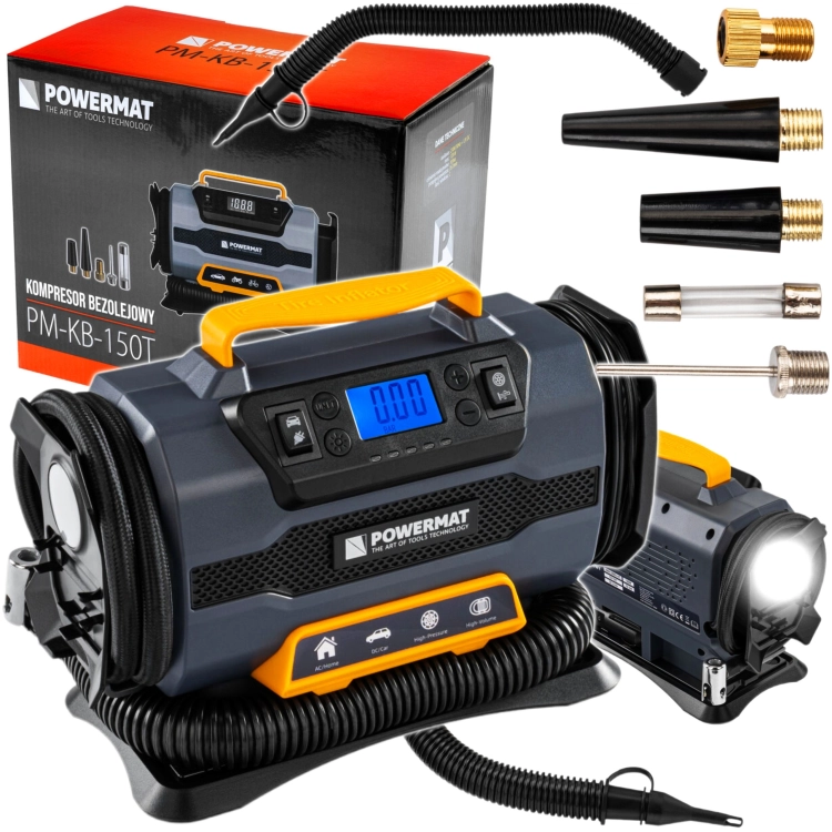 KOMPRESOR SAMOCHODOWY 1200W 12V 230V 10BAR LCD LATARKA + NASADKI PM-KB-150T