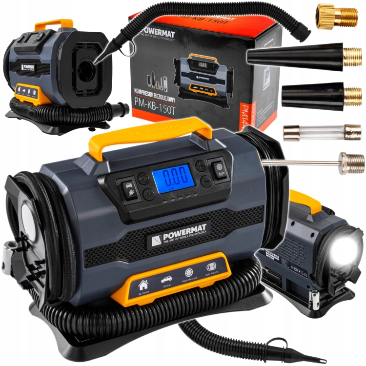 KOMPRESOR SAMOCHODOWY 1200W 12V 230V 10BAR LCD LATARKA + NASADKI PM-KB-150T