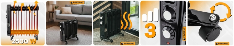 GRZEJNIK OLEJOWY ELEKTRYCZNY 2500W 11 ŻEBER KALORYFER MOCNY TERMOSTAT KÓŁKA