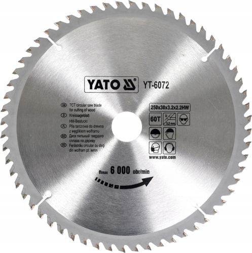 YATO TARCZA PIŁA TARCZOWA WIDIOWA DO CIĘCIA DREWNA 250MM X 30MM 60T YT-6072